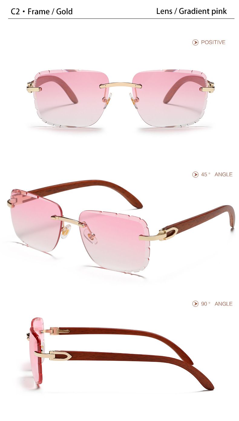 Óculos de Sol Unissex Estilosos e Originais com Hastes de Madeira, Sem Aro, para Mulheres; Óculos de Sol com Armação Quadrada e Borda Recortada Ocean Slice para Homens._voghion.com