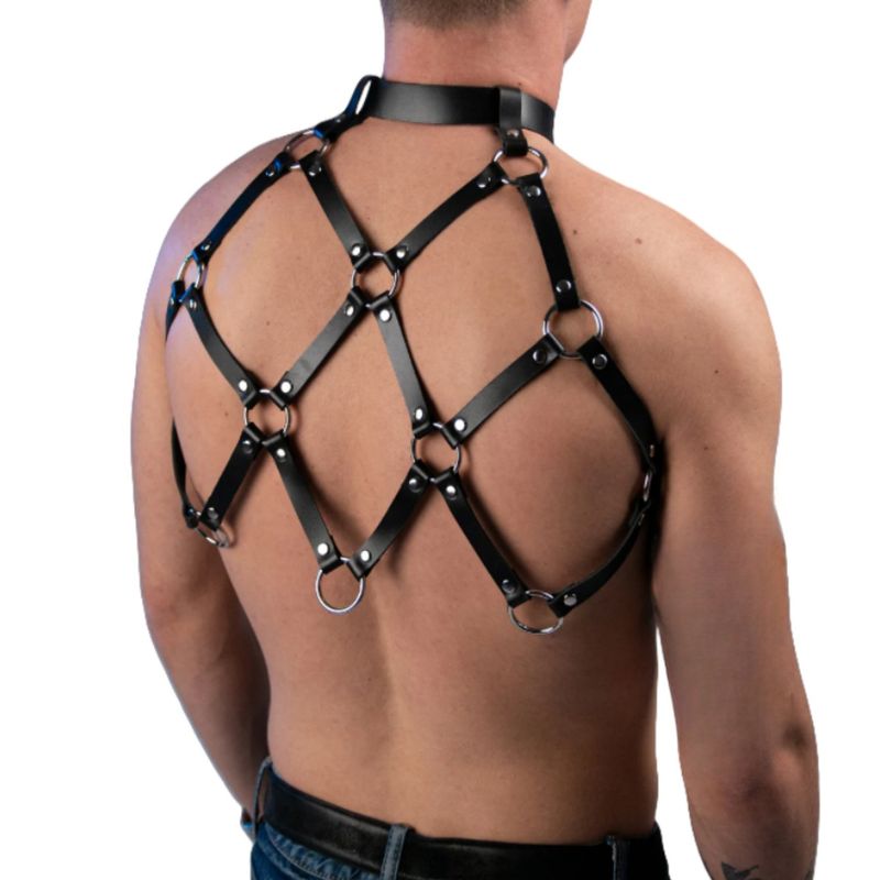 Punk PU Trainer Chest Strap Collar Integrado Personalidade Tendência Corpo Arnês Modelo Masculino Cinto de Contenção_voghion.com