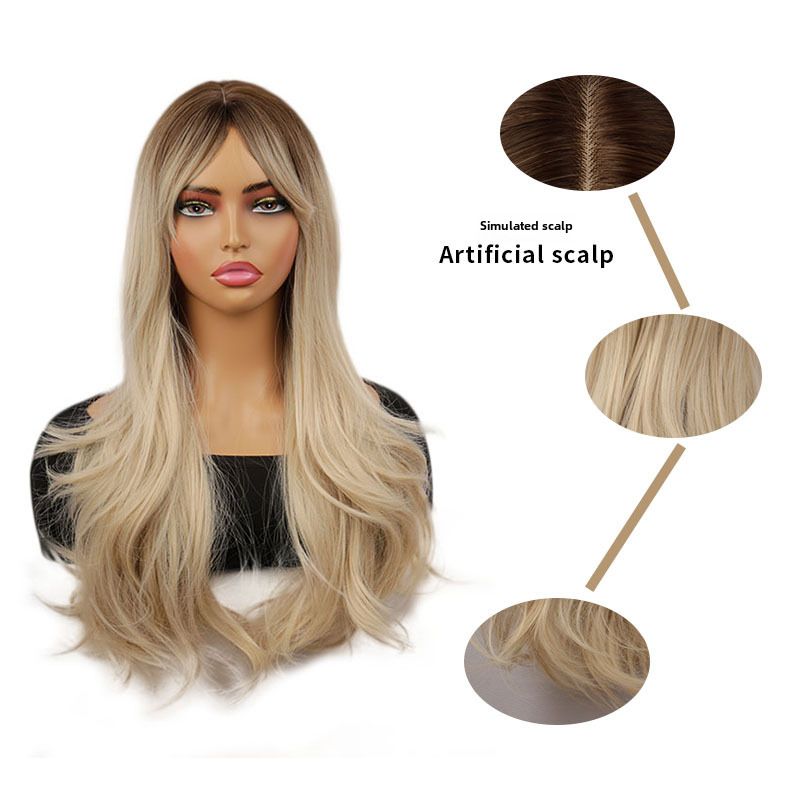 Perruque dégradée pour femme avec frange grosses vagues fibre chimique cheveux longs bouclés coiffure_voghion.com
