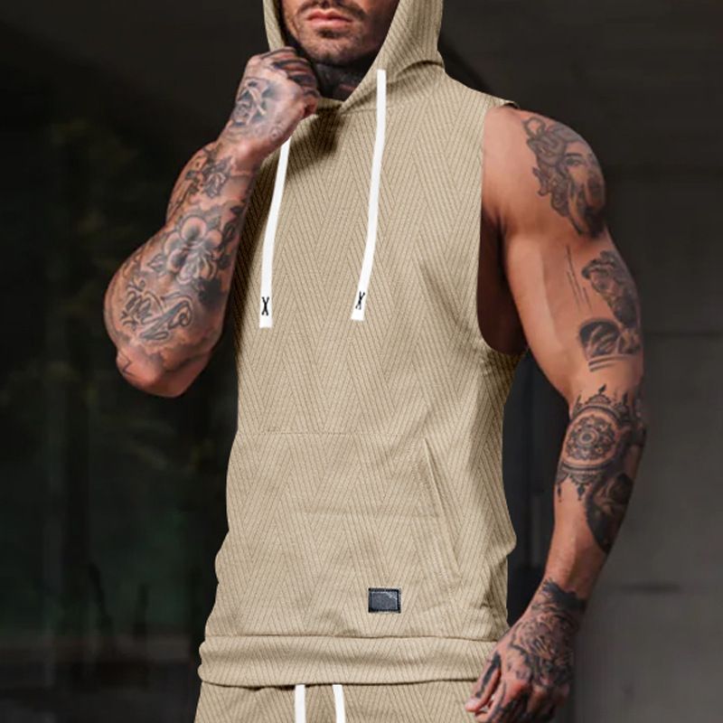 Felpa con cappuccio in maglia jacquard casual da uomo, senza maniche, con tasca applicata e coulisse_voghion.com