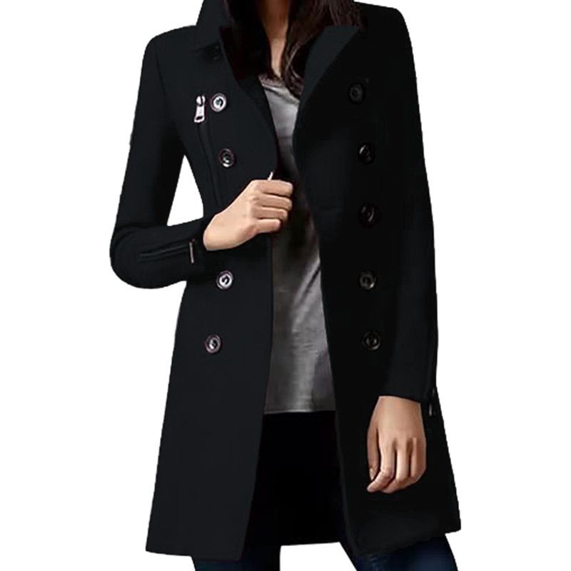 Outono Inverno Novo Japonês Coreano Venda Quente Casaco Longo de Lã Feminino com Punhos com Zíper Trespassado Multi-Bolso_voghion.com