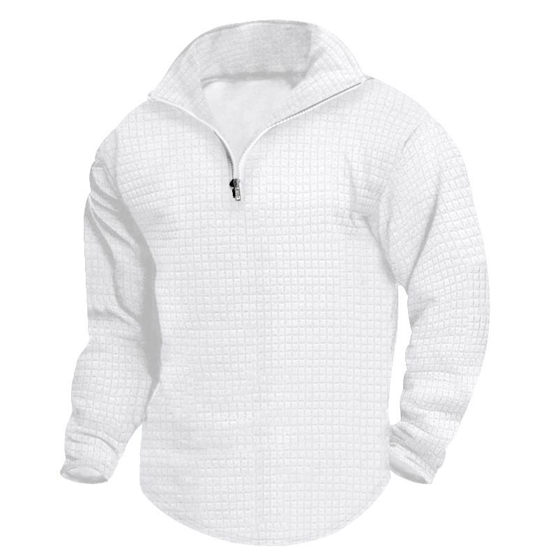 Felpa con cappuccio a quadri piccoli da uomo, primavera e autunno, con collo alto e mezza cerniera, da uomo_voghion.com