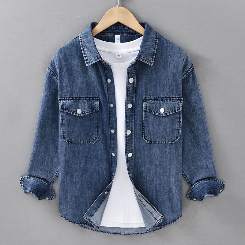 Camicia casual in denim a maniche lunghe, camicia da lavoro retrò versatile alla moda da uomo, capospalla da uomo_voghion.com