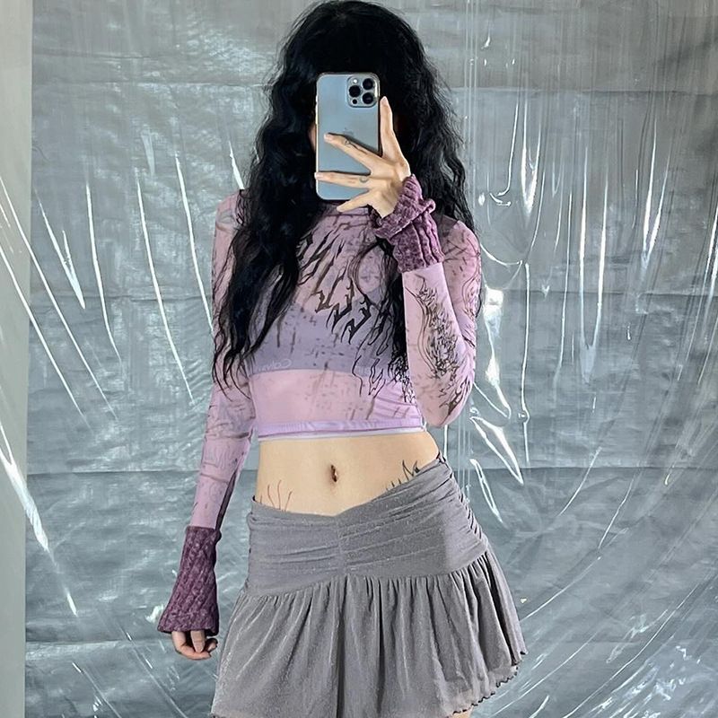 Q23TP750 2024 Top corto con ombligo expuesto y retazos de malla con estampado de patrón para mujer, nuevo estilo de Instagram_voghion.com