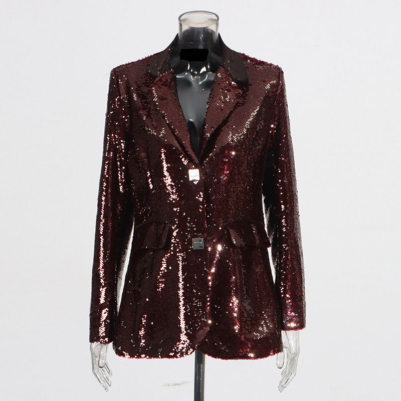 Abbigliamento da donna, design alla moda, piccolo abito con paillettes, elegante blazer con paillettes per donna - giacca da ufficio slim fit con scollo a V e design che stringe la vita_voghion.com