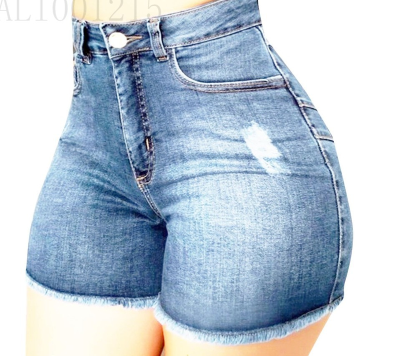 Pantalones cortos de mezclilla con borlas rasgadas y corte ajustado elásticos de estilo caliente para mujer_voghion.com