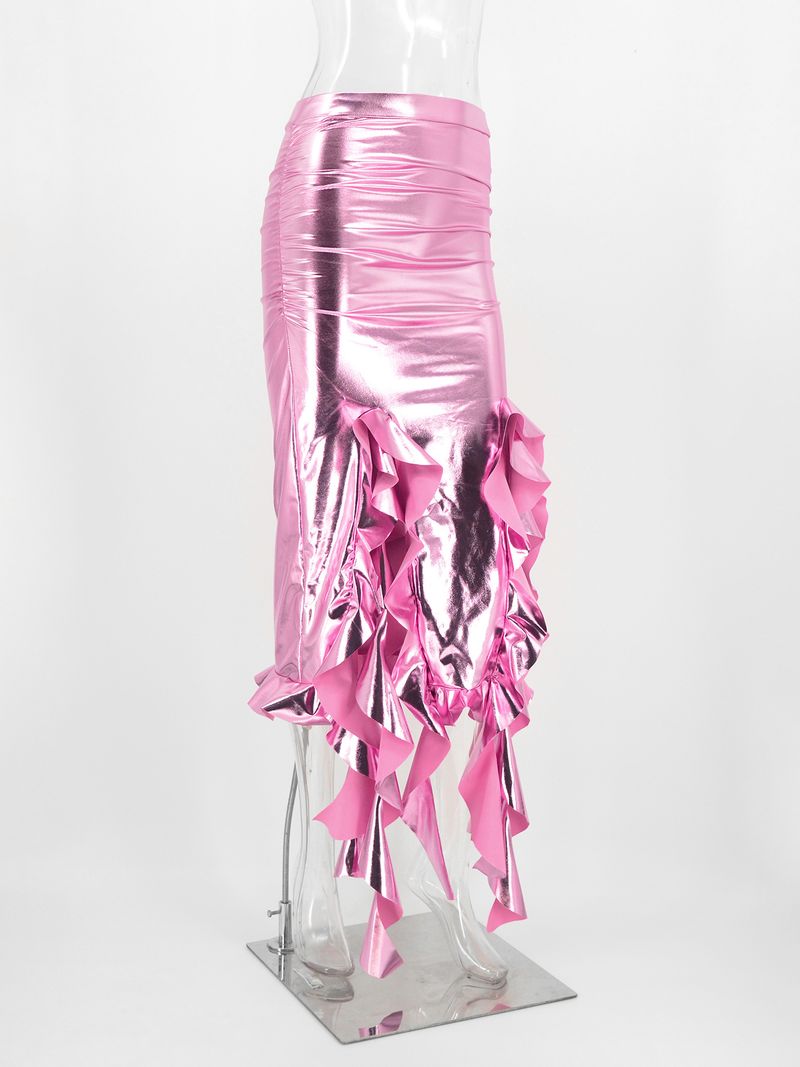 Gonna a coda di pesce in PU riflettente con nappa a nastro stile caldo da donna, gonna leggermente elastica e irregolare, gonna a mezza lunghezza, gonna alla moda_voghion.com
