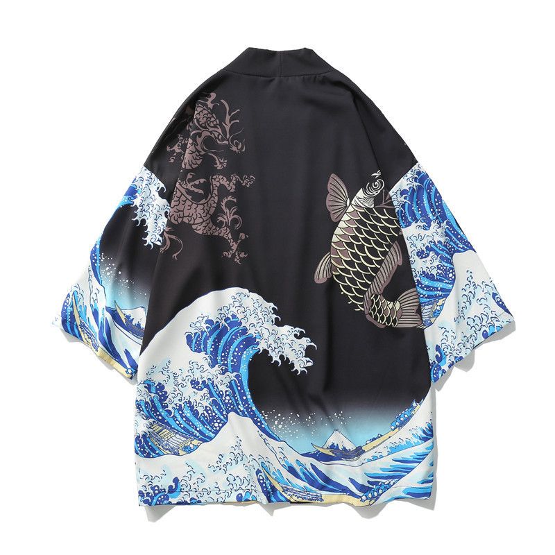 Ukiyo-e taoistiske kåber til mænd og kvinder, havbølger, karpeprint, kimono, løse fem quaer-ærmer, hawaiiansk stil_voghion.com