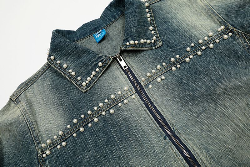 Amerikanischer Stil Perlendesign Abgesteppter gewaschener Denim Unisex Neue lose vielseitige kurze Jacke trendig_voghion.com