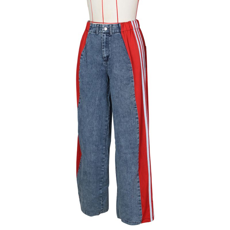 Ropa de mujer Pantalones vaqueros de pierna ancha con tres rayas y empalme de moda de verano Pantalones rectos elásticos de cintura alta informales nuevos para mujer_voghion.com
