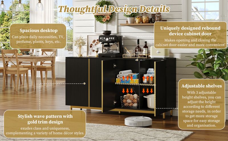 Credenza Schwarz 150cm Mit Wellenförmigen Türen, Verstellbaren Füßen Für Esszimmer_voghion.com