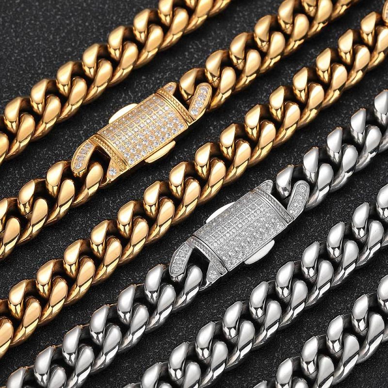 Men's Jewelry Set Hip Hop 12mm Micro Inlaid Zircon Spring Snap Stainless Steel Cuban Chain Trendy Titanium Steel Round Grinding Bracelet Necklace_voghion.com