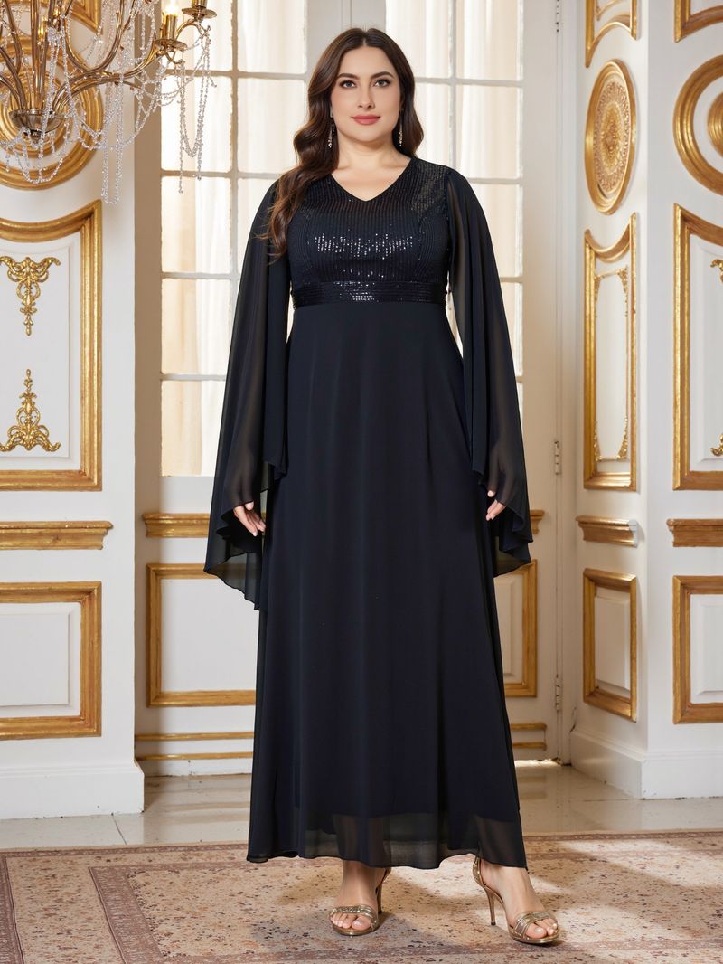 Elegante abito da sera taglie forti con scollo a V profondo e perline - Abito a trapezio con maniche lunghe per feste, balli di fine anno e occasioni speciali (nero, 0XL-4XL)_voghion.com