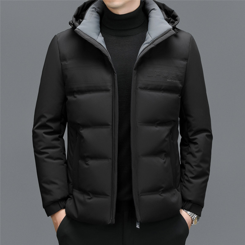 Kurze, verdickte, große Daunenjacke für Wintermänner, junge Männer können den Hut ausziehen, weiße Entendaunen, lockerer, warmer Mantel_voghion.com