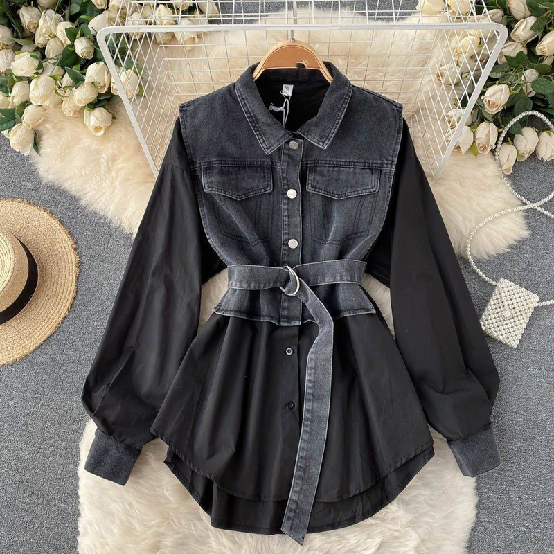 Damenbekleidung Polokragen Denim Zweiteiliges Langarmhemd Mit Nischen-Mittellanger Taille Und Schickem Oberteil_voghion.com