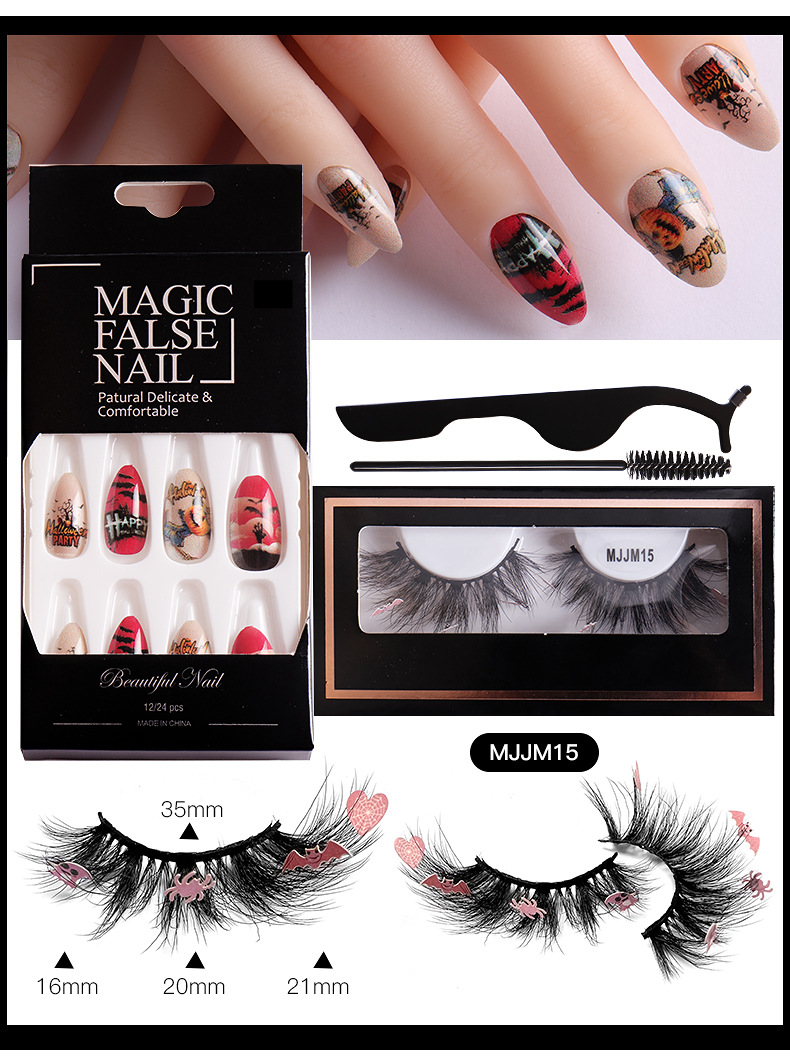 European And American Halloween Mink Faux Lashes & Nail Tips Combo Set With Application Tools_voghion.com