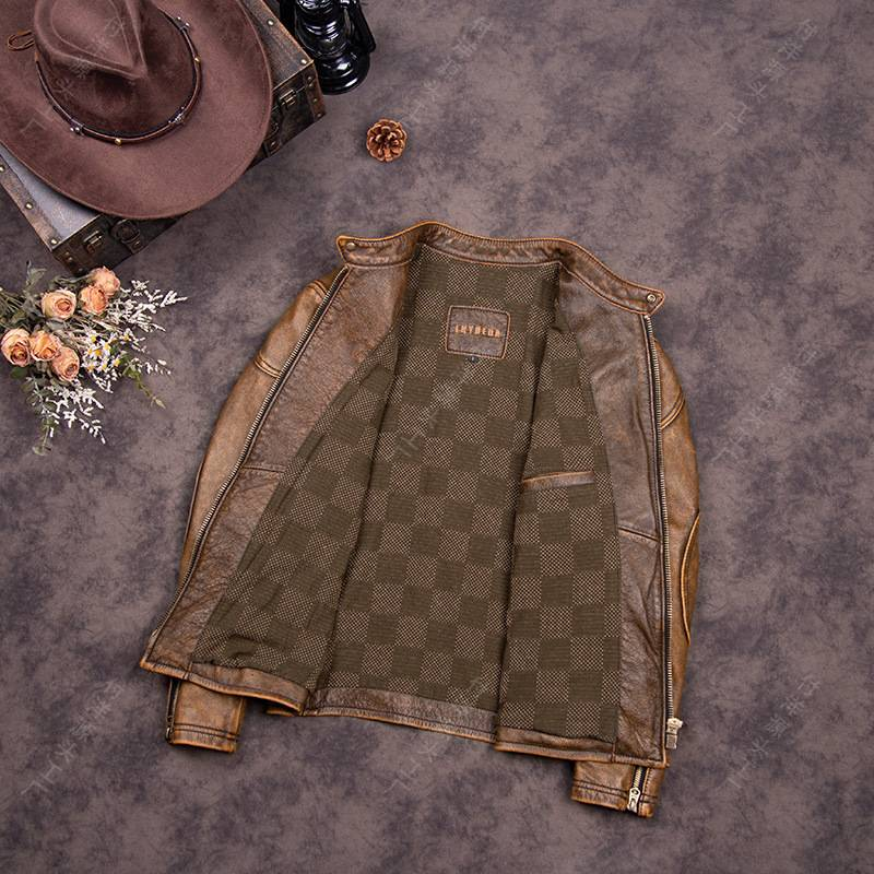 Vintage Venom Motorcycle Leather Jacket For Men - Distressed Brown Faux Leather Biker Coat With Stand Collar & Zipper Closure_voghion.com