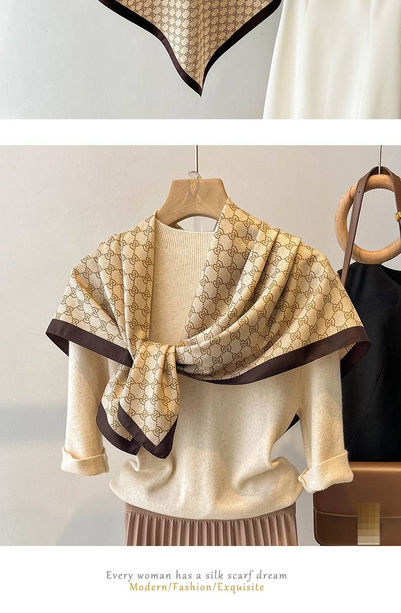 Lenços de seda femininos, cachecol quadrado grande de 90 cm, cachecol de seda, xale de ombro com letras da moda, uso externo, cachecol fino_voghion.com