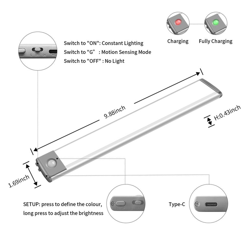 Luz de armario con sensor de movimiento de 9,88 pulgadas, 45 LED RGB, inalámbrica, recargable (juego de 3)_voghion.com