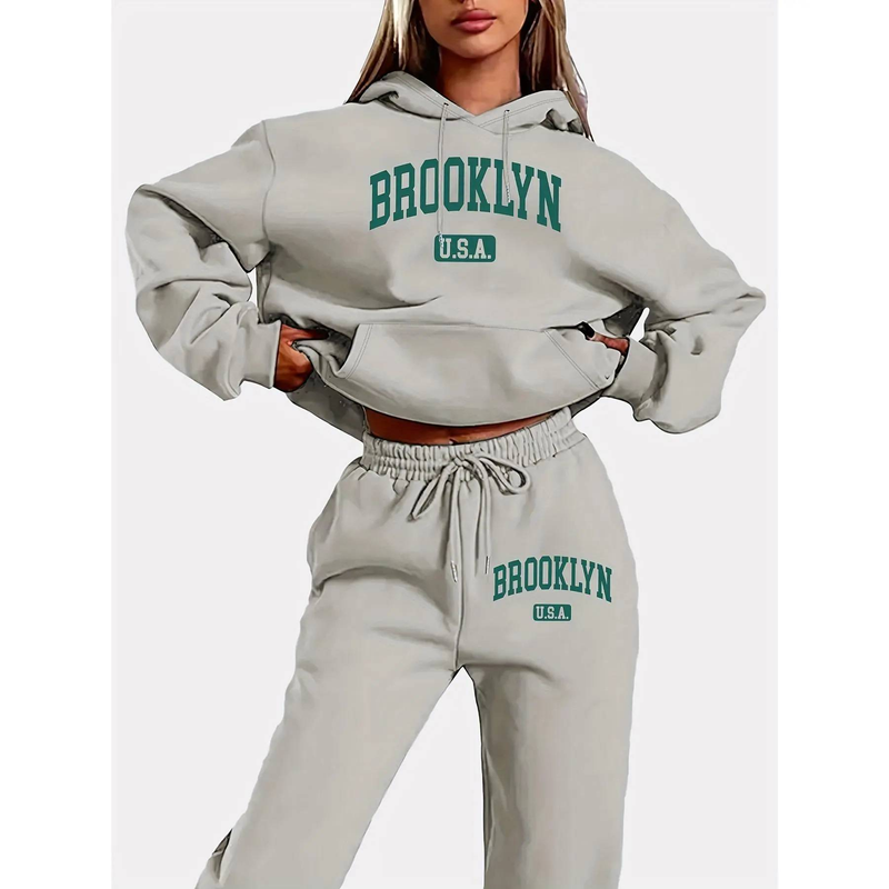 Conjunto de sudadera extragrande para mujer: jersey y pantalón de moda urbana con estampado gráfico_voghion.com