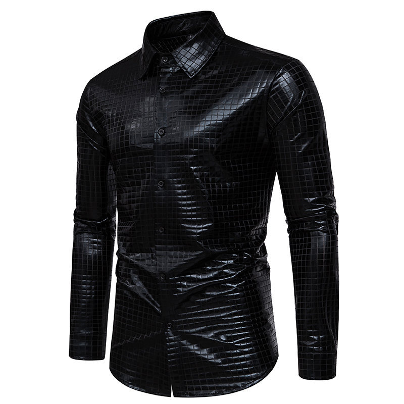 2024 Spring/Summer New Checkered Gold Stamped Print Stage Performance Dress European Size Men's Long Sleeved Shirt_voghion.com