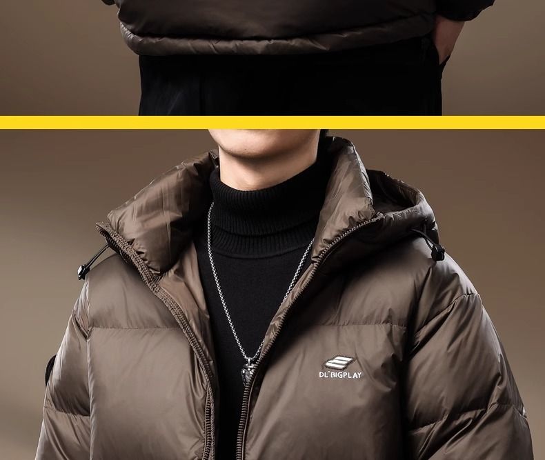 Heren winterjas met capuchon en korte puffer, vulling van 90% eendendons, losse pasvorm, oversized jas voor koud weer (zwart, latte bruin)_voghion.com