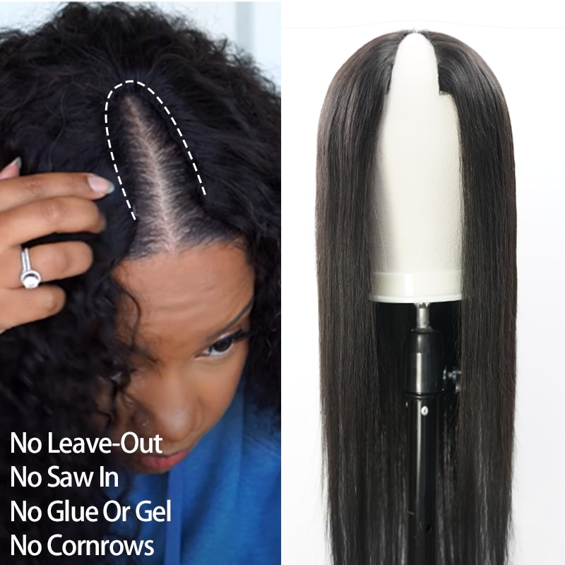 Venta caliente 30 34 pulgadas recta V No dejar fuera pelucas de cabello humano Remy peruano sin pegamento fino para mujeres peluca con parte U_voghion.com