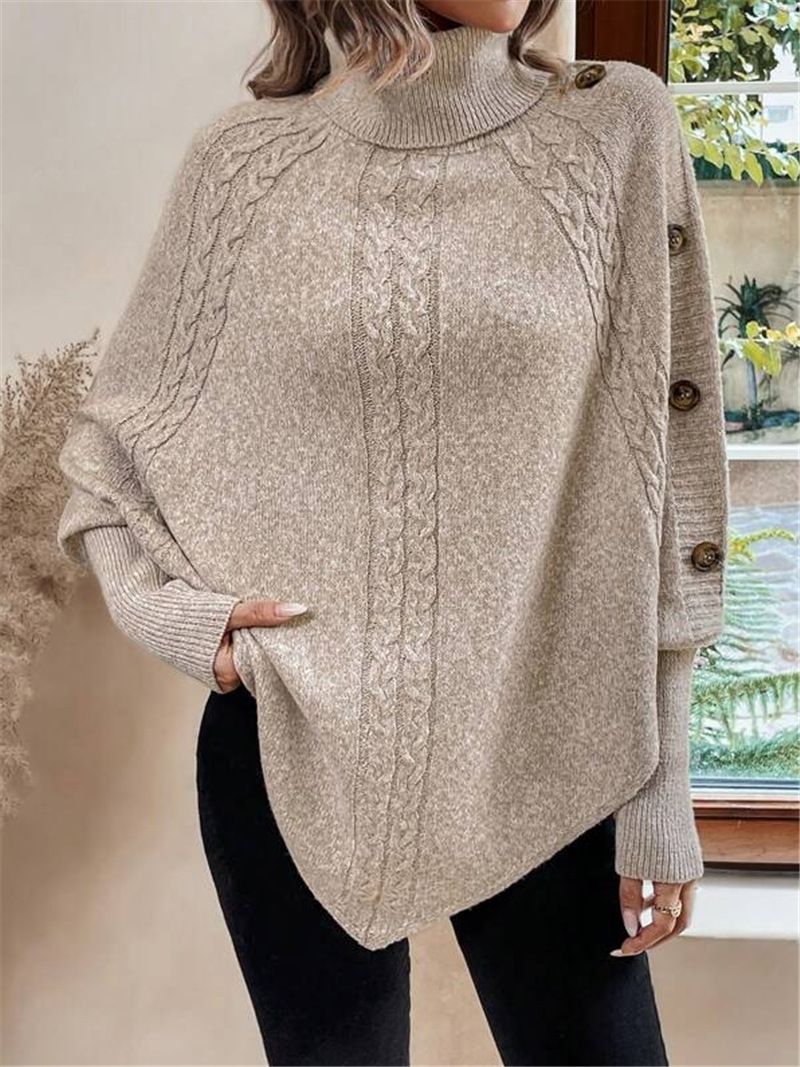 Women's Chunky Batwing Sweater With High Neck Button Details - Oversized Cable Knit Pullover For Fall & Winter (Khaki,_voghion.com