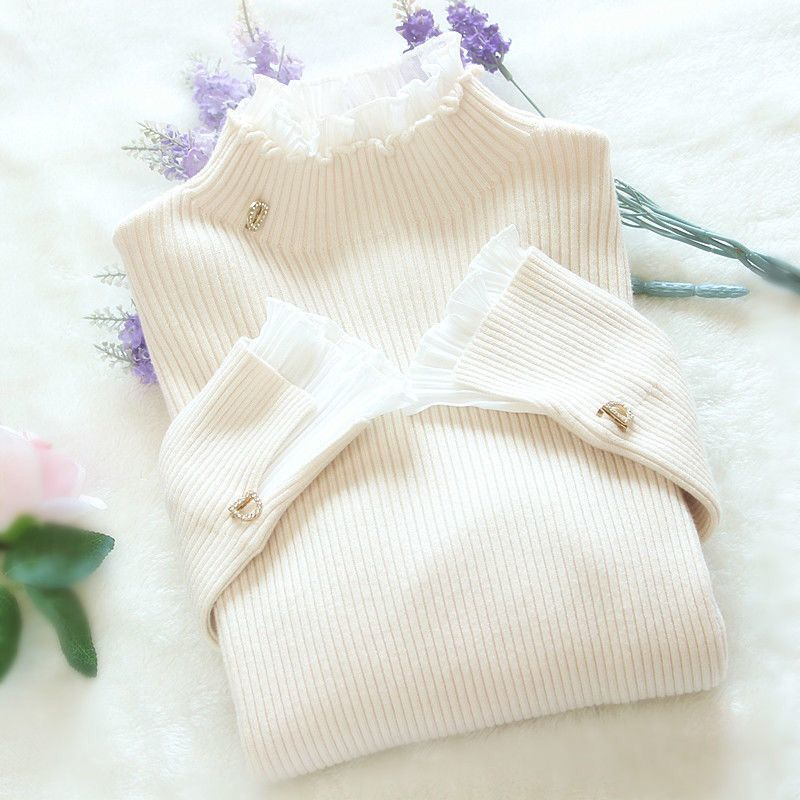 Sweater Women's Turtleneck Lace Ruffle Pullover Women's Trumpet Sleeve Top Solid Color Knitwear Trending Sweater Autumn_voghion.com