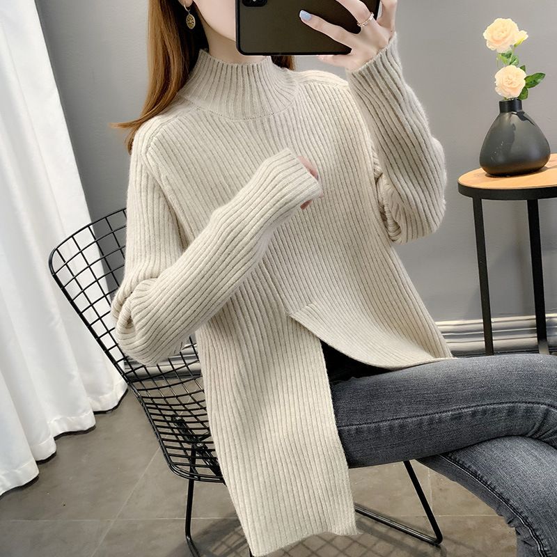 Pull en tricot style western pour femme – Pull épais à col mi-haut et fente latérale_voghion.com
