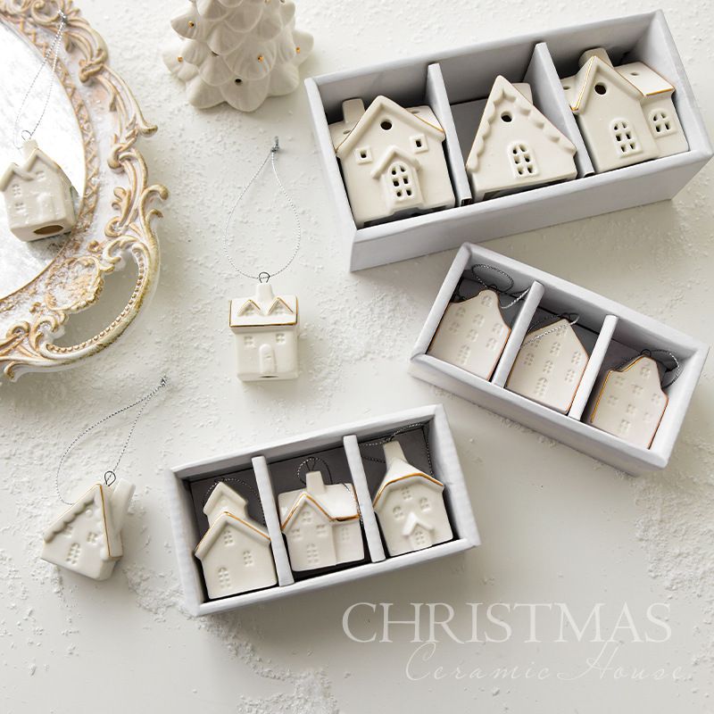 NUCHI Kleines Keramikhaus-Set, Anhänger, Weihnachtsbaum, hängende Ornamentdekoration_voghion.com