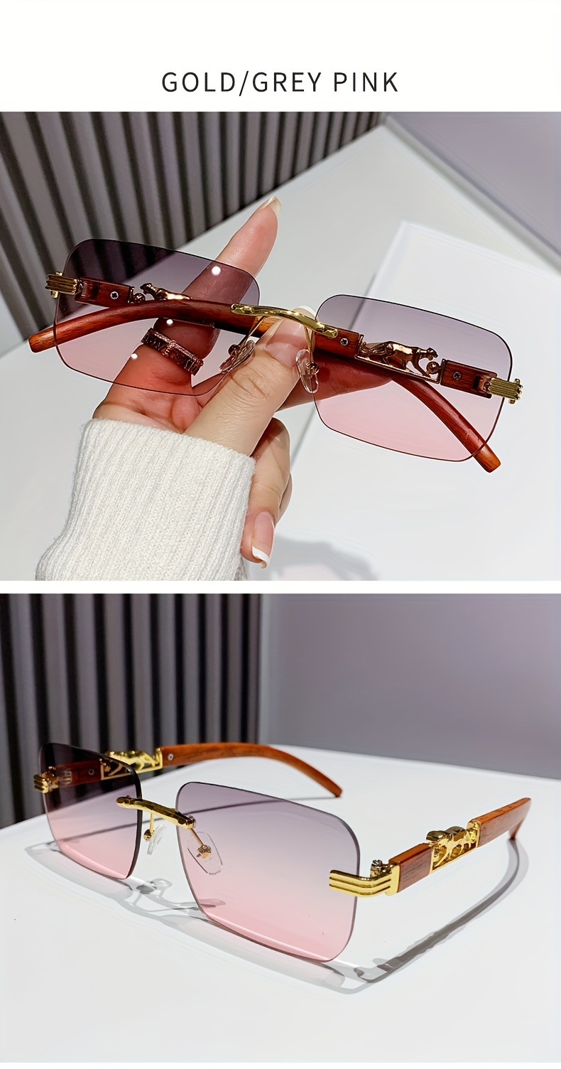 Fashionable glasses cheetah leopard pattern men women, rectangular, rimless, with wood grain, for beach parties and_voghion.com