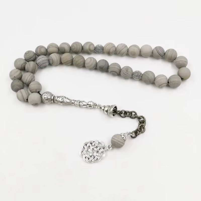 Müslüman Dua Tespihi Yeni Ahşap Desenli Taş 10mm Doğal Taş 33 Pirinç Boncuk Bileklik Günlük İbadet TASBIH_voghion.com