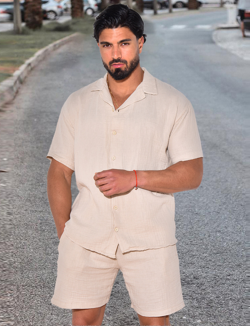2024 New Leisure Sports Summer Loose T-shirt a maniche corte Pantaloncini in cotone e canapa Set da uomo_voghion.com