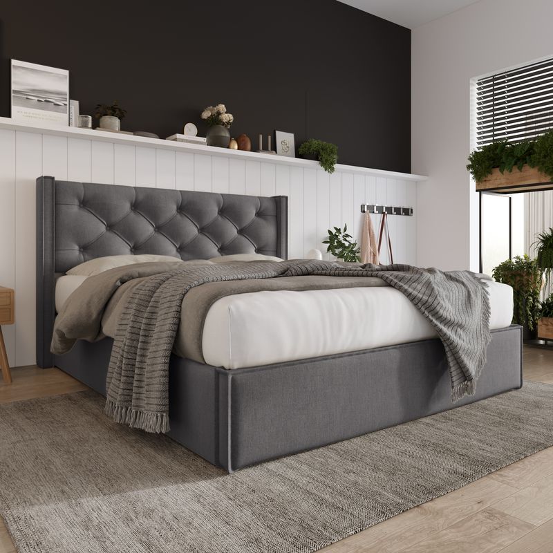 Cadre de lit coffre hydraulique avec sommier à lattes, lit double rembourré moderne 140 x 200 cm, tissu coton, gris, structure en métal_voghion.com