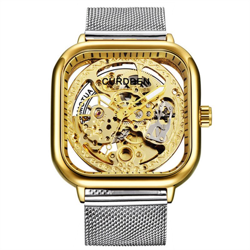 Men's Stainless Steel Automatic Mechanical Watch With Square Dial And Skeleton Design, Business Style, Water Resistant_voghion.com