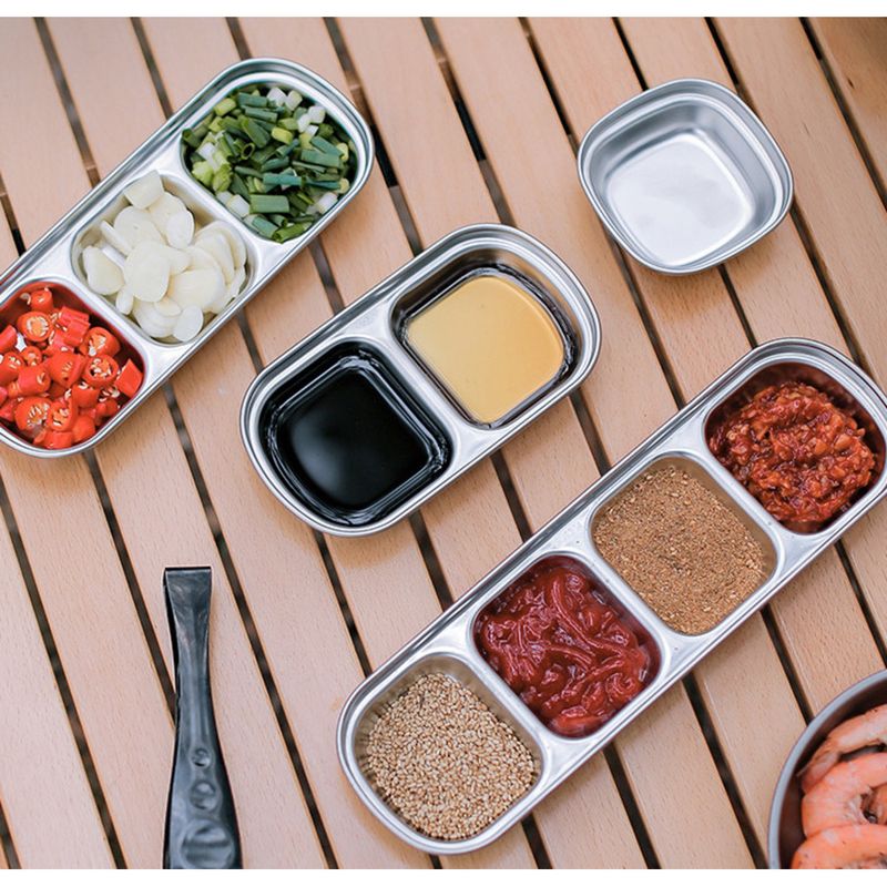 Utensilio de camping con vinagre y dos o tres rejillas, plato para salsa con divisiones para condimentos de acero inoxidable 304 para exteriores, tazón para mojar_voghion.com