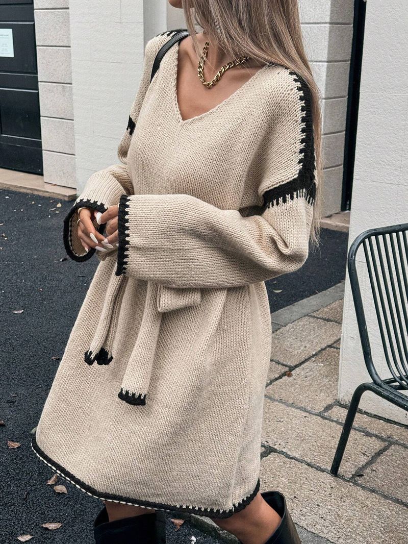Robe en maille oversize à col en V et ceinture ajustable – Robe longue bohème à manches longues pour l'automne_voghion.com