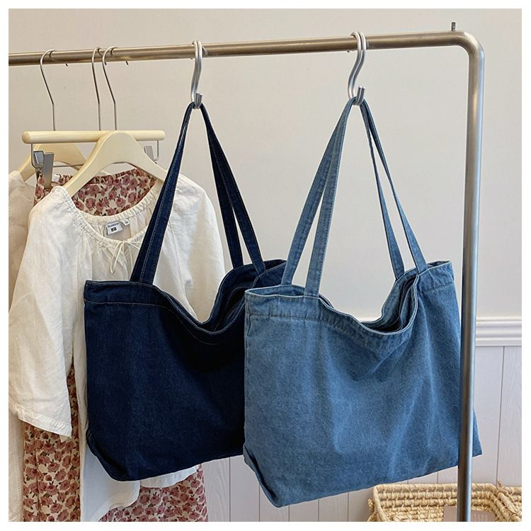 Denim Bag Women's Shoulder Bag Large Capacity Solid Color Washed Denim Bag Student Commuter Shoulder Bag Female Art Casual Handbag_voghion.com