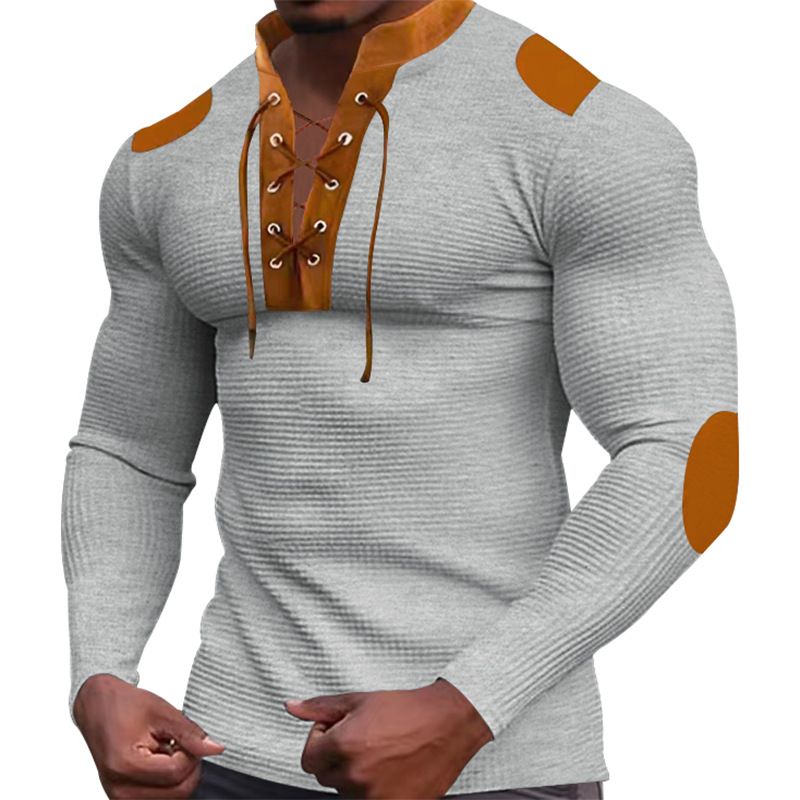 Unschlagbare Qualität, neues Herren-Oberteil mit Waffelmuster und V-Ausschnitt und Krawatte, lässiges Langarm-Basis-T-Shirt_voghion.com