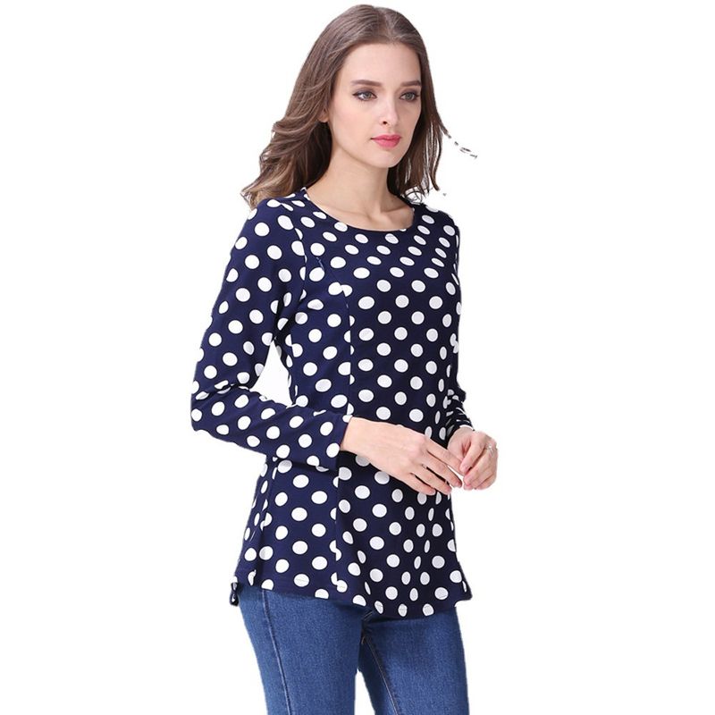Primavera e autunno moda onda punto indossare camicia per allattamento al seno con collo rotondo cerniera aperta laterale alimentazione a maniche lunghe_voghion.com