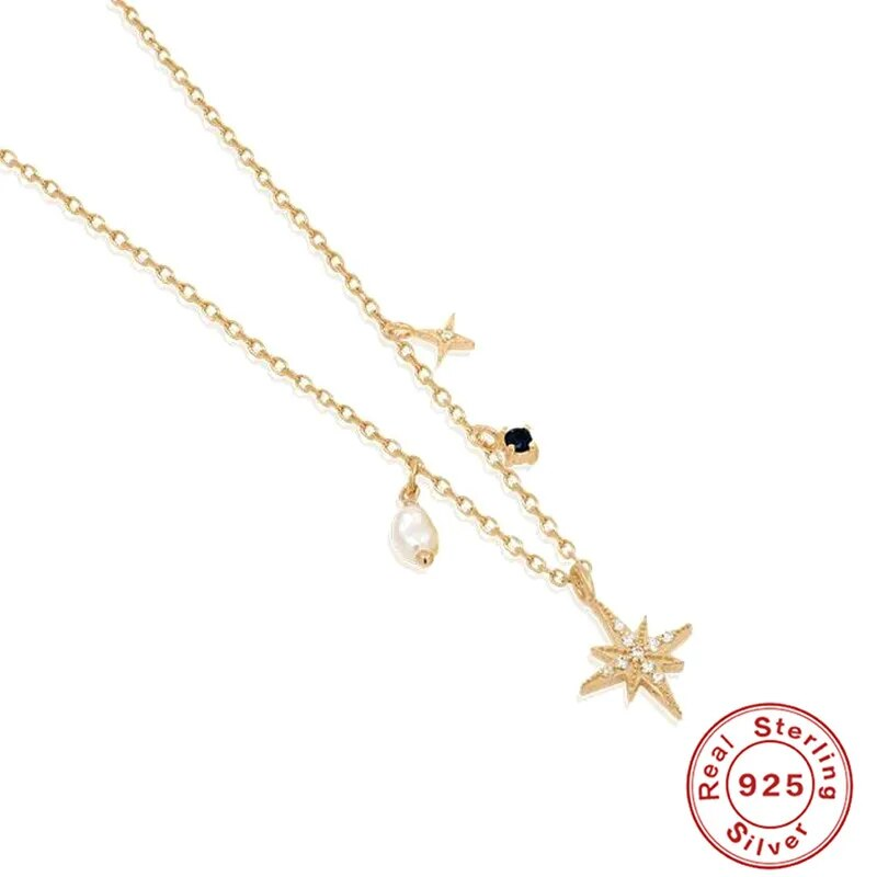 Sterling silver octagonal star lock bone chain inlaid with zircon pearl lock bone necklace for women's noble jewelry_voghion.com