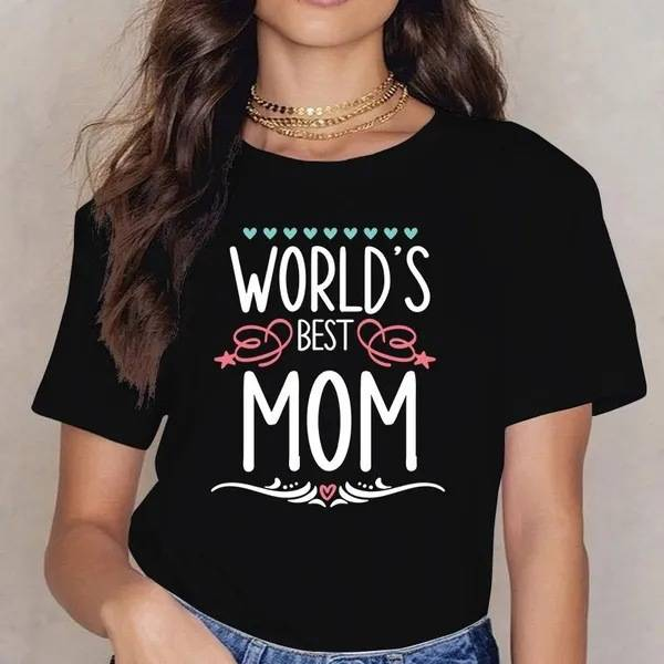 Naiste MOM emadepäeva trükitud mustriga ümara kaelusega lühikeste varrukatega T-särk_voghion.com