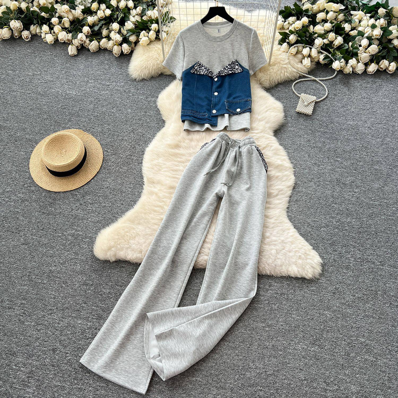 Women's Casual Summer Outfit Set - Denim Patch Short Sleeve Top + High Waist Wide Leg Pants, Two-Piece Matching Set_voghion.com