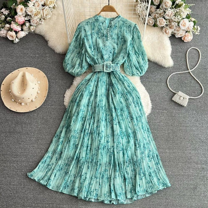 Rochie elegantă plisată cu imprimeu floral pentru femei, cu mânecă scurtă, guler rotund, talie subțire, linie A_voghion.com