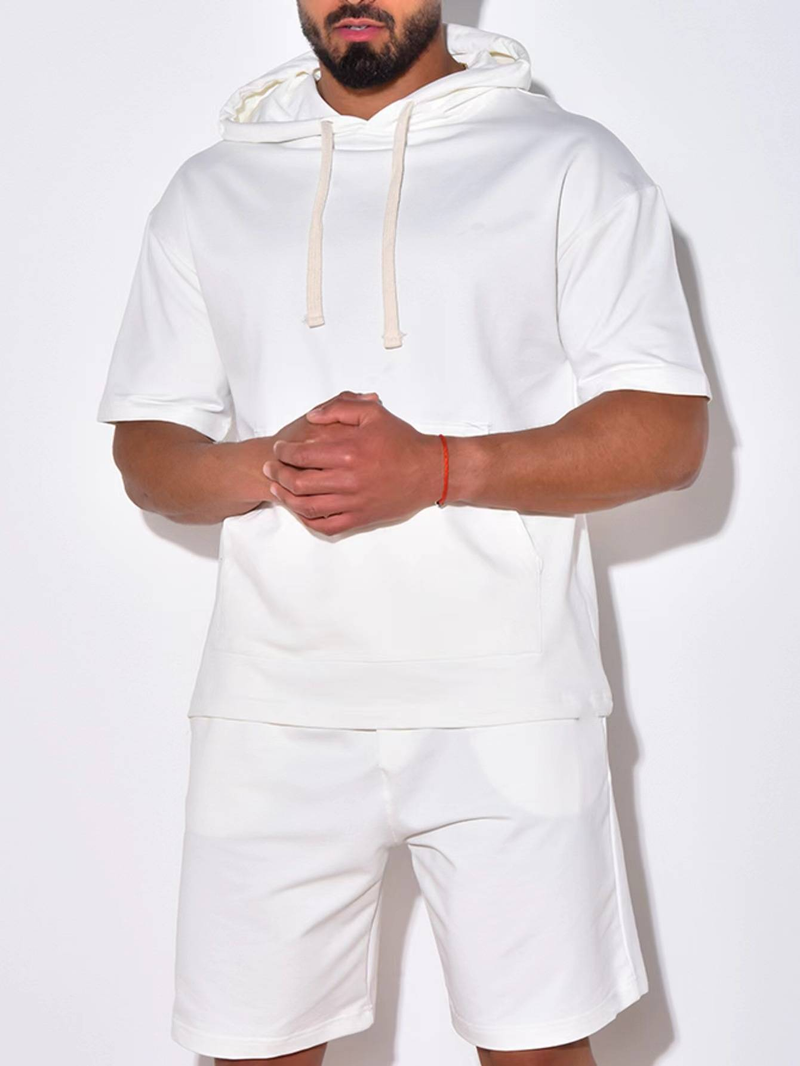 Nuovo prodotto 2025, abbigliamento sportivo casual da uomo europeo e americano, a maniche corte e pantaloncini, con cappuccio, tinta unita, due pezzi_voghion.com