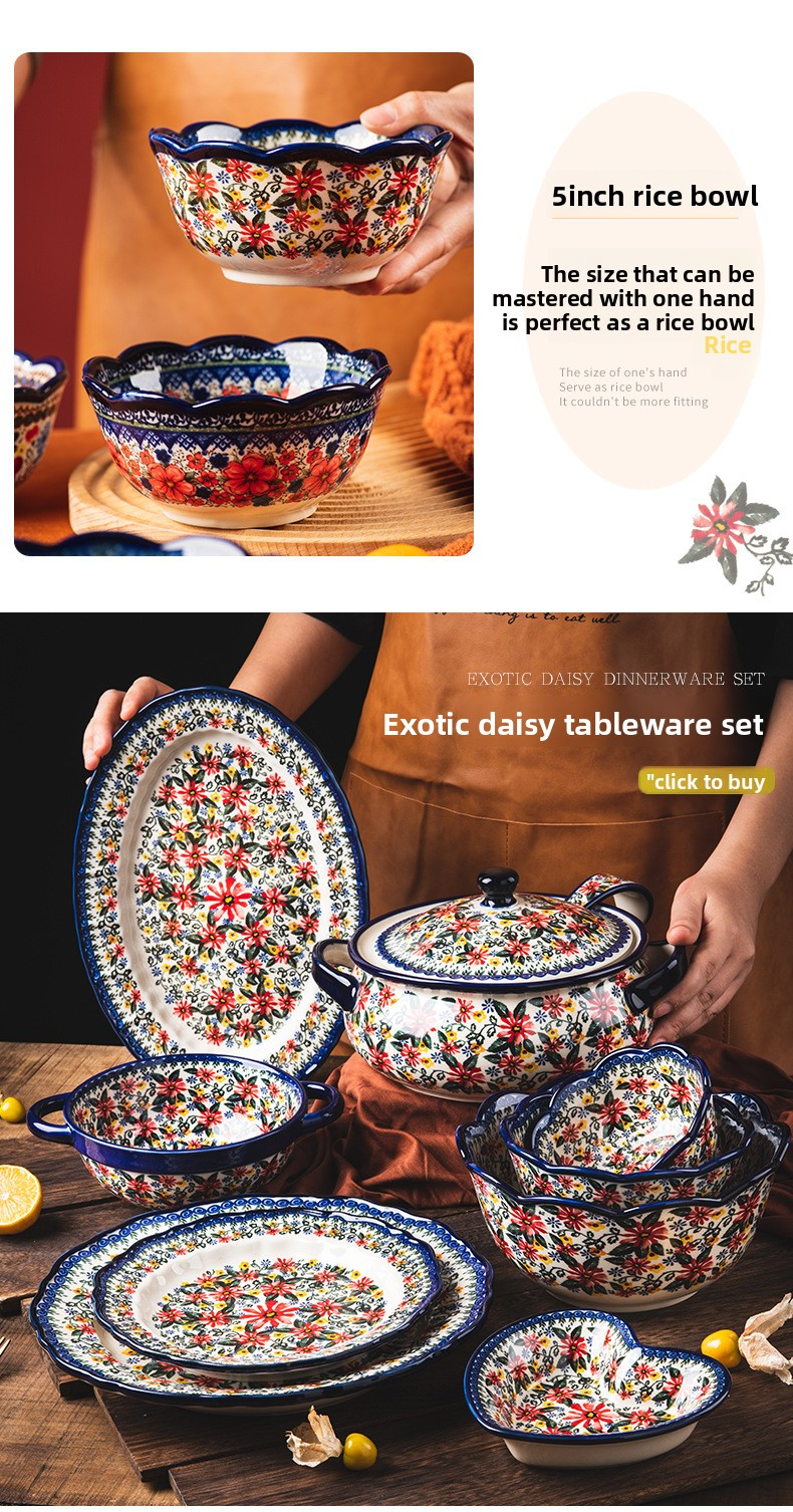 Keramische rijstkommen - Set van 5 handgemaakte, met bloemen versierde eetkommen, magnetronbestendig en vaatwasserbestendig, rustieke boerderijstijl voor dagelijks gebruik_voghion.com