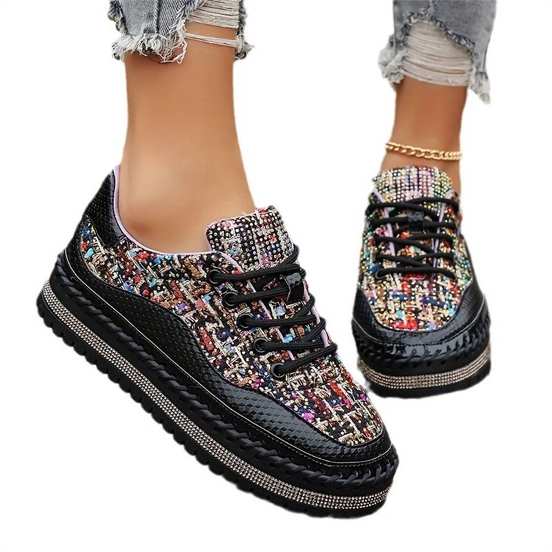 High Quality Fashion Sneakers Women's Artificial PU Splicing Diamond Inlay Top Lace-Up Lace-Up Thick Sole Non-Slip Wear-Resistant Running Shoes 36-45_voghion.com