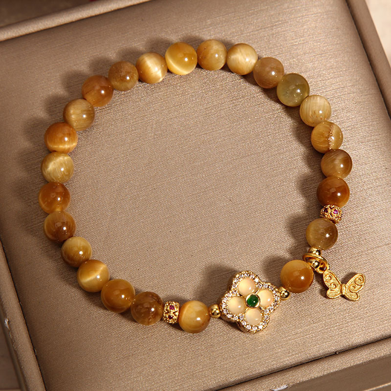 Women's Tiger Eye Stone Bracelet With Four-Leaf Clover, Elegant Boho Minimalist Jewelry, Unique Gift For Girlfriend & Best Friend_voghion.com