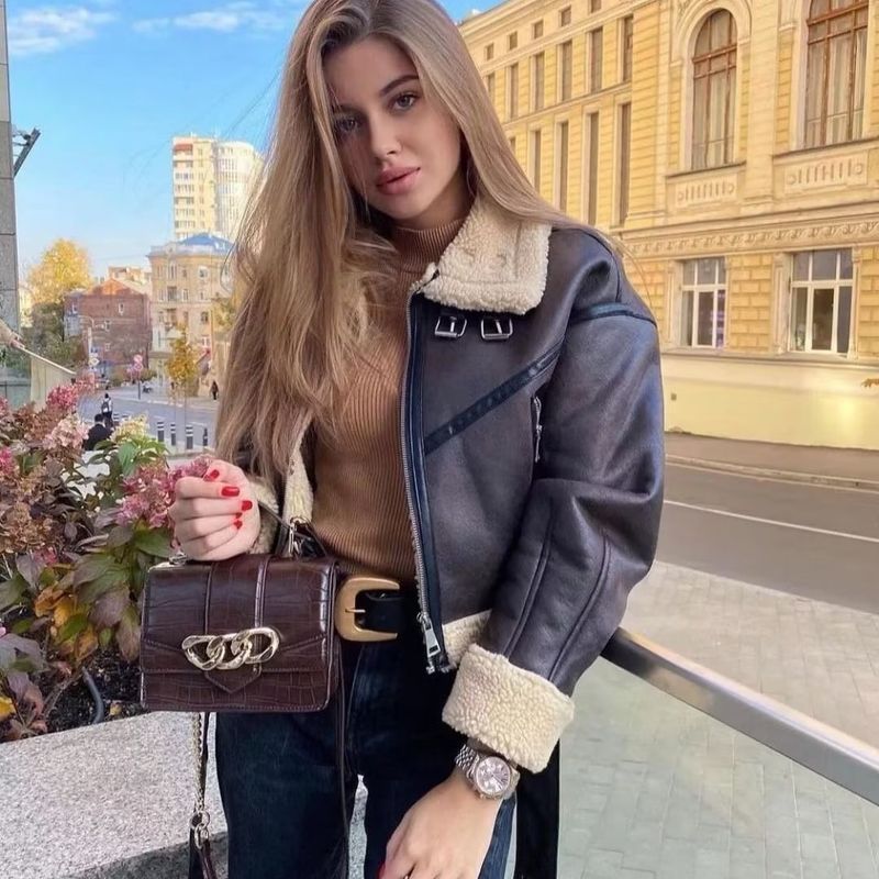 Damska nowa dwustronna krótka kurtka zimowa motocyklowa w stylu futrzanym jednoczęściowa ciepła kurtka_voghion.com